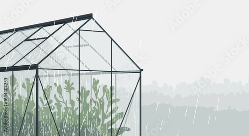 Illustration of a greenhouse in the rain with lush green plants inside offering a tranquil rainy day scene