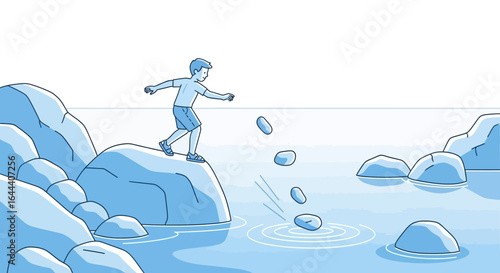 Illustration of a boy skipping stones on water near rocky shore in blue tones shows idyllic childhood adventure