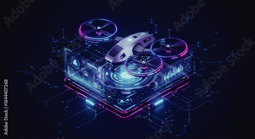 Futuristic white quadcopter drone with neon lights hovering over a glowing holographic data interface.