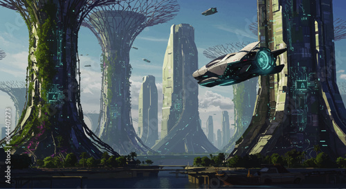 Futuristic White and Teal Spaceship Flying Over a Cityscape with Trees