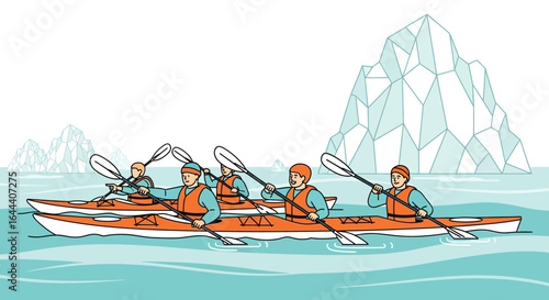 Illustration of a group of people kayaking together in front of glaciers  landscape