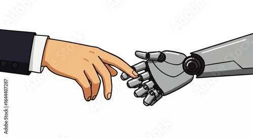 Human hand in a business suit reaching to touch a metallic robotic hand, a modern Creation of Adam cartoon illustration.