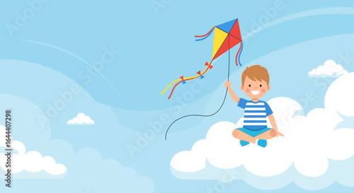 Illustration of a happy boy flying a colorful kite while sitting on a cloud enjoying a carefree day