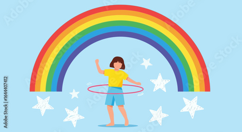 Illustration of a happy girl playing with a hula hoop under a vibrant rainbow  surrounded by twinkling stars on a light blue background