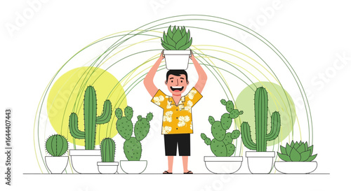 Illustration of a happy man with cacti plants creating a positive vibe and green atmosphere in an indoor environment