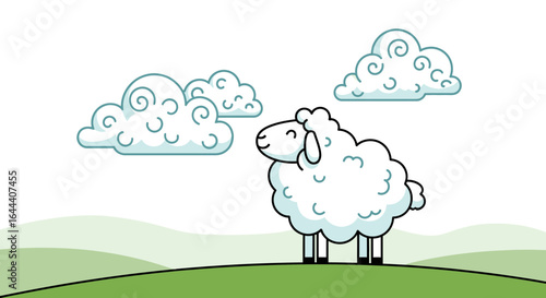 Illustration of a happy sheep standing on a green hill with fluffy clouds in the sky