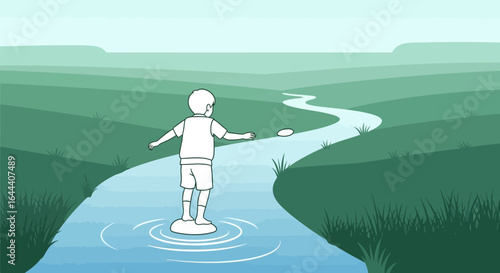Illustration of a boy throwing a stone into a river surrounded by green fields depicts carefree childhood adventure