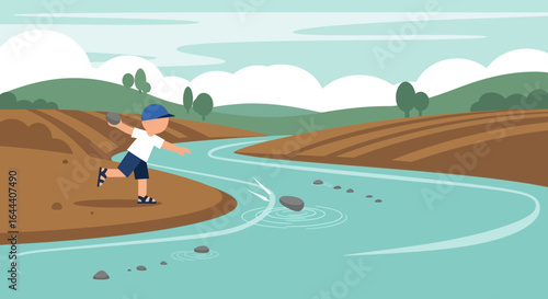 Illustration of a boy throwing stones into a river on a sunny day rural landscape playing childhood recreation leisure summertime activity
