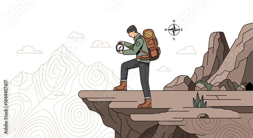 Illustration of a hiker consulting a compass on a cliff edge in a mountainous landscape