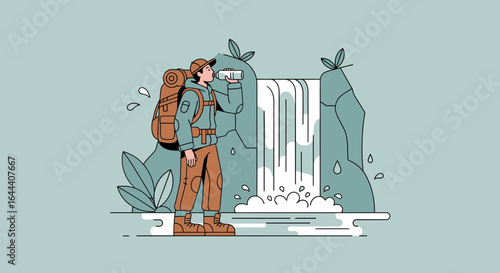 Illustration of a hiker drinking water near a waterfall enjoying the adventure scenery nature and refreshing in the mountains and nature