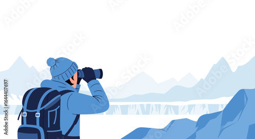 Illustration of a Hiker Exploring the Arctic Landscape with Binoculars and Backpack