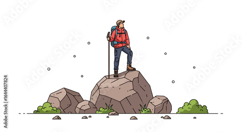 Illustration of a hiker standing on a mountain peak with trekking poles and backpack reaching the summit