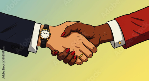 Illustrated diverse professional handshake with a watch, red nails, and a gold ring.