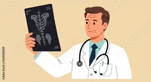 Illustrated male doctor in a white coat with a stethoscope, thoughtfully examining a spinal X-ray.
