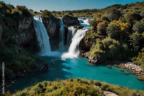 A majestic waterfall cascading into a turquoise pool
