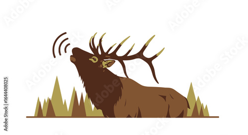 Illustration of a calling bull elk with large antlers standing among trees isolated on white background, graphic style design