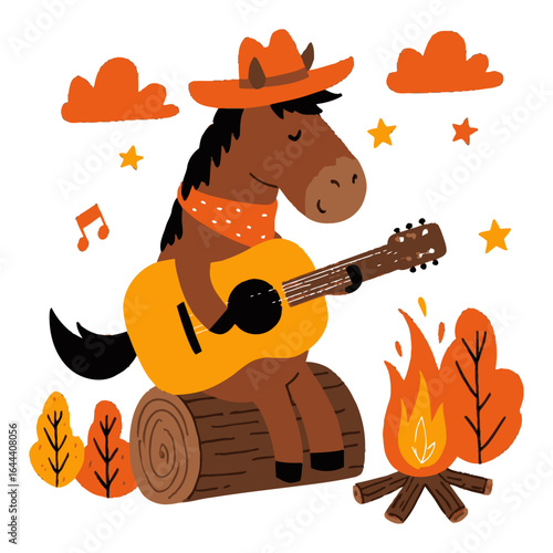 Cartoon Horse Playing Guitar by Campfire in a Cozy Autumn Setting