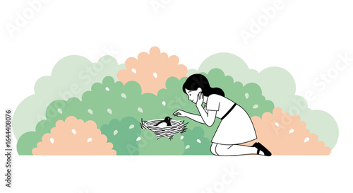 Illustration of a caring girl observing a nest with a little bird in a serene outdoor setting filled with lush greenery and blossoming bushes