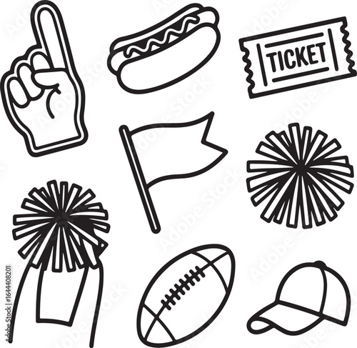 Fan Spirit American Football Outline Icons Foam Finger, Hot Dog, Stadium Ticket, Flag, Pom-Poms, Ball, and Cap Collection.png