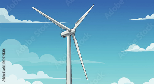 Illustrated white wind turbine with three blades and a small figure standing on the nacelle.