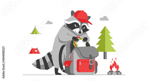 Illustration of a charming raccoon getting a sandwich from a backpack during camping trip