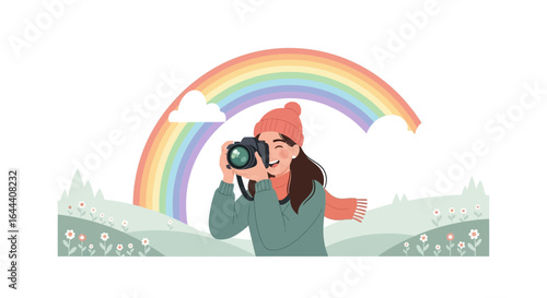 Illustration of a joyful female photographer capturing the beauty of nature under a rainbow