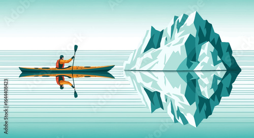 Illustration of a kayaker navigating calm waters near a majestic iceberg with reflection creating a serene arctic scene