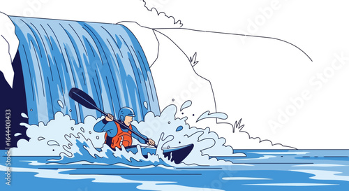 Illustration of a kayaker navigating rapids near a waterfall amidst white water waves showcasing adventure and thrill