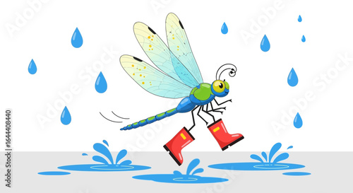 Illustration of a cheerful dragonfly enjoying a rainy day wearing red rain boots splashing in puddles