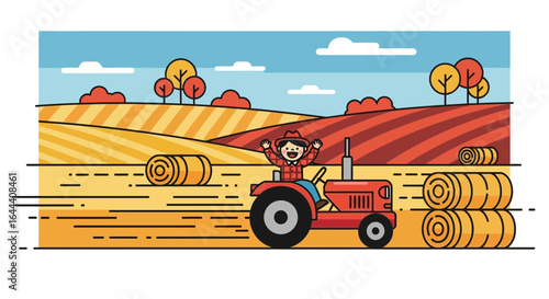 Illustration of a cheerful farmer driving a tractor through golden fields at harvest time