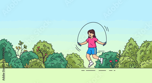 Illustration of a cheerful girl skipping rope in a park surrounded by greenery