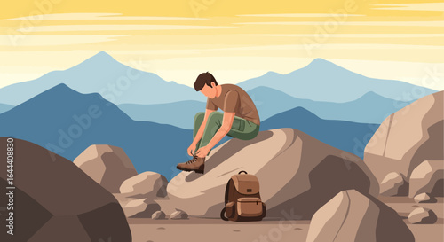 Illustration of a male hiker tying his shoelaces while taking a break in the mountains