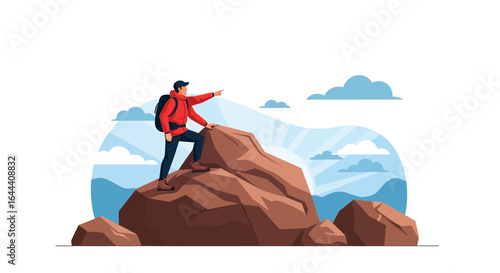 Illustration of a male hiker reaching the top of a mountain peak with determination and a sense of accomplishment
