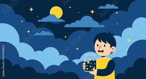 Illustration of a child catching stars in a jar under the moonlit night sky