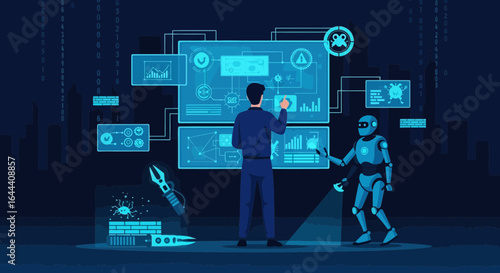 Illustration of a man and a robot working together on a futuristic interface displaying data analysis and diagnostics