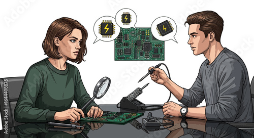 Illustration of a man and woman collaborating on a circuit board repair task at a table