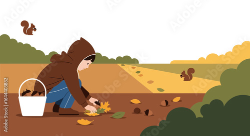 Illustration of a child collecting acorns in autumn landscape with squirrels in nature