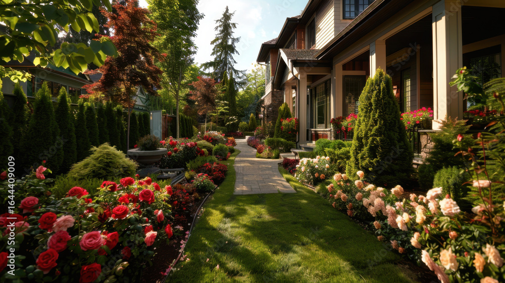 Naklejka premium Beautiful garden pathway lined with vibrant flowers and lush greenery creates serene atmosphere. well maintained landscape features colorful roses and neatly trimmed hedges, inviting relaxation