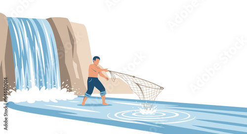 Illustration of a man fishing with a net in a river near a waterfall landscape serene scene