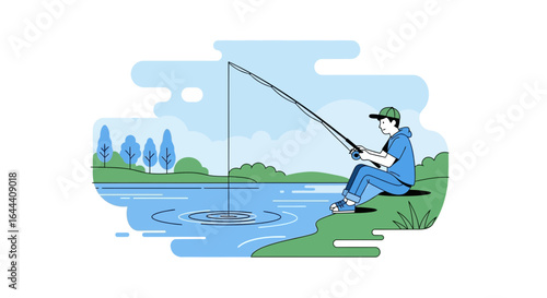 Illustration of a man fishing by the lake surrounded by nature and enjoying recreation activity during a calm sunny day