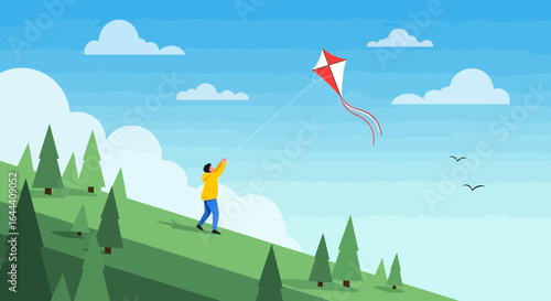 Illustration of a man flying a kite on a sunny day with trees and clouds on the background