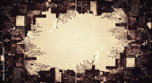 Intricate sepia-toned circuit board forming a complex technological frame with microchips and detailed electronic pathways.