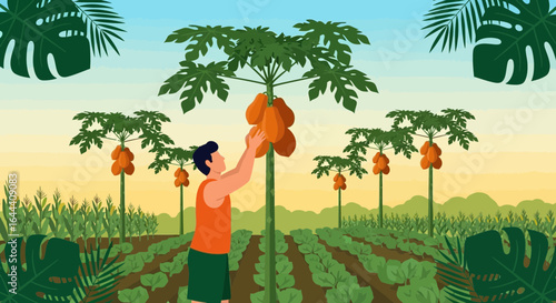 Illustration of a man harvesting papayas in a lush tropical agricultural field landscape