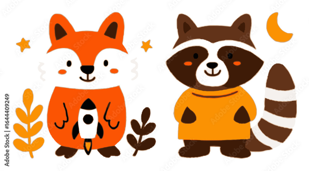 Fototapeta premium Cute Cartoon Fox and Raccoon Characters with Nature Elements