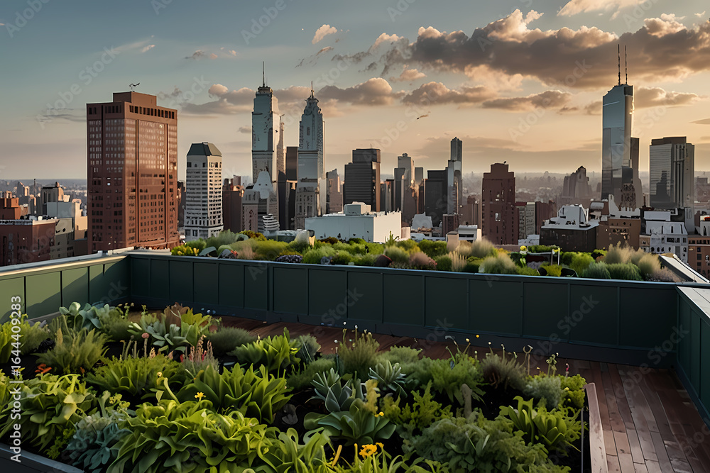 Fototapeta premium A lush green rooftop garden on top of a city building