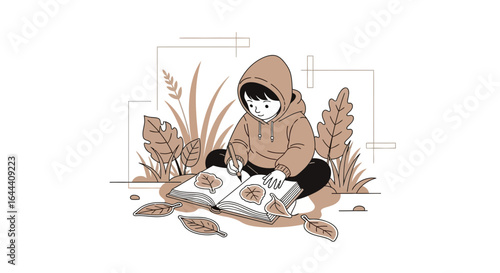 Illustration of a child in a hoodie drawing leaves in a book in a natural setting