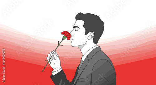 Illustration of a man in a suit smelling a red carnation against a red and white background creates a refined artistic expression