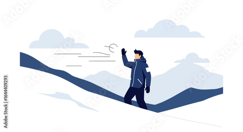 Illustration of a man in winter clothes waving on a snowy mountain landscape