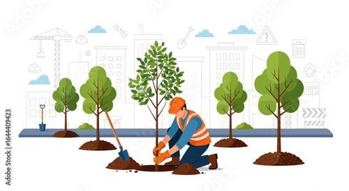 Illustration of a man planting a tree in a city setting promoting urban forestry