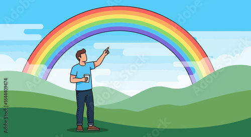 Illustration of a man pointing at a vibrant rainbow on a lush green landscape